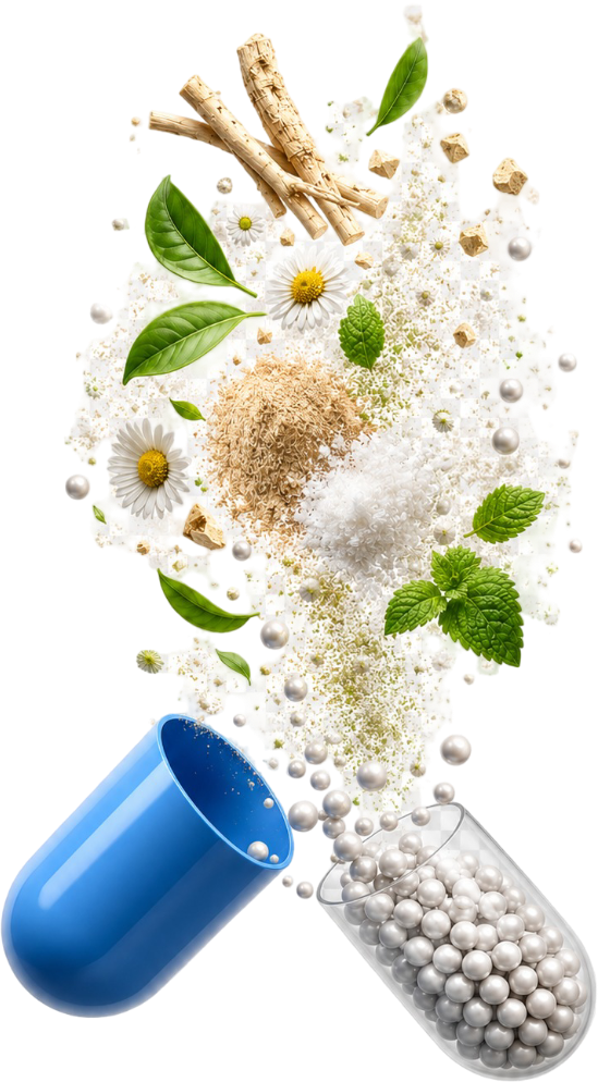 An open capsule with herbal ingredients bursting out